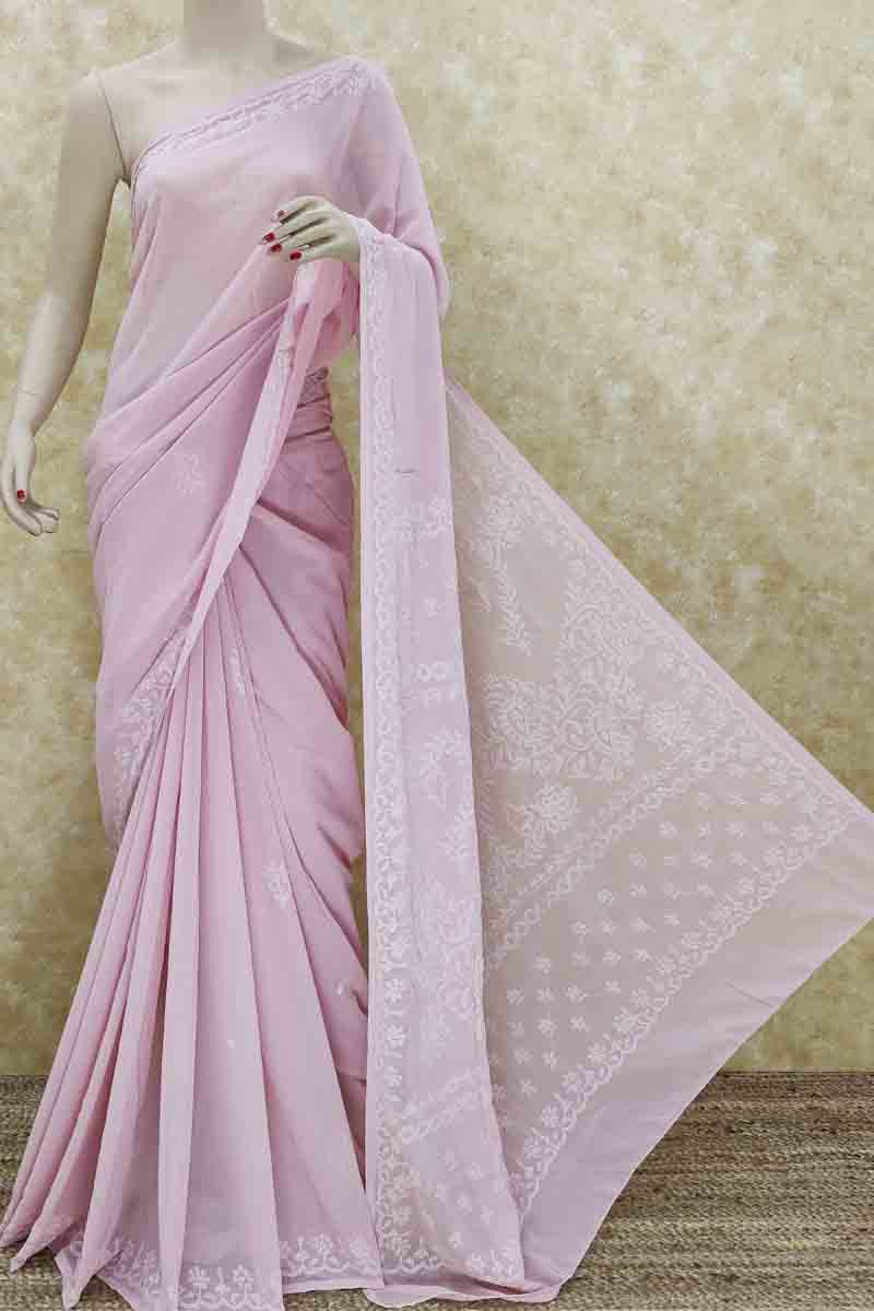 Lemonade - Pink Colour Designer Hand Embroidered Lucknowi Chikankari Saree ( With Blouse - Georgette ) MC251448